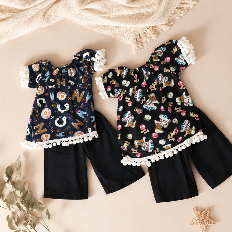ست شومیز وشلوارک بچگانه پوم پوم دار